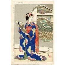 Isoda Mataichiroによる浮世絵「Snow Scene of Kyoto with Maiko」