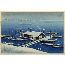 逸見享: Ferry in Snow at Akabane, Tokyo - Japanese Art Open Database