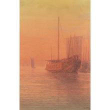 Ito Yuhan: Sunset harbor scene with shipping - Japanese Art Open Database