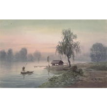 Kato H: Fisherman on misty river - Japanese Art Open Database