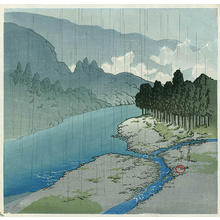 Japanischer Druck "Rain at Okutama River" von Kawase Hasui, 川瀬巴水 (Kawase Hasui (川瀬巴水))