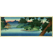 Japanischer Druck "Restaurant at the edge of Matsu Pond — 松の池畔の料亭" von Kawase Hasui, 川瀬巴水 (Kawase Hasui (川瀬巴水))