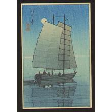 川瀬巴水: Boat in Sunset- night — 帆かけ舟 - Japanese Art Open Database