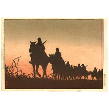 川瀬巴水: Sunset- advance of the cavalry in Manchuria - Japanese Art Open Database