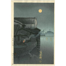 川瀬巴水: Unknown, night moon river fire town - Japanese Art Open Database