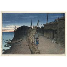 川瀬巴水: View of Aikawa-cho on Sado Island at dusk - Japanese Art Open Database