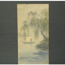 武内桂舟: Riverboat and willow - Japanese Art Open Database