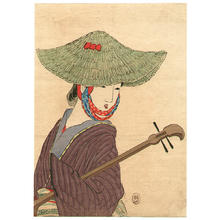 武内桂舟: Young bijin wearing a large green straw hat holding a biwa - Japanese Art Open Database