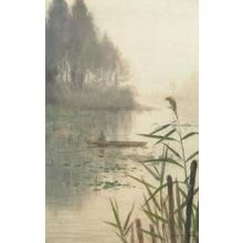 Kobayashi Tokusaburo: Fishing on river with mist - Japanese Art Open Database