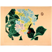 Kotozuka Eiichi: Butterfly and Hydrangeas - Japanese Art Open Database