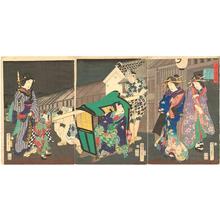 Toyohara Kunichika: Genji arriving at a geisha house in the Yoshiwara in a palanquin - Japanese Art Open Database