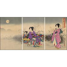 Toyohara Kunichika, 豊原国周 (Kunichika Toyohara (豊原国周))创作的日本版画《Bijin and a child among flowering sedges under a misty full moon in Ueno Park — 東古風》