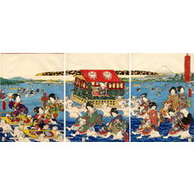 歌川国貞: Oigawa- Imperial kago containing a Princess being ferried by porters across a lake at Mt Fuji - Japanese Art Open Database