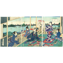 Japanischer Druck "Prince Genji enjoying cherry blossoms and the sumida river at the Shotakuro estate Massaki — Massaki Shotaku-ro Sumida-gawa Yuran zu" von Utagawa Kunisada, 歌川国貞 (Kunisada 1 Utagawa (1786-1865)- Toyokuni 3 (歌川国貞-豊国三代))