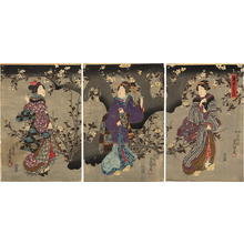 Japanese Print "Night Cherry blossoms- Three Bijins under full cherry blossoms" by Utagawa Kunisada, 歌川国貞 (Kunisada 1 Utagawa (1786-1865)- Toyokuni 3 (歌川国貞-豊国三代))