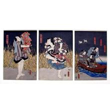 Utagawa Kunisada: Warriors On Riverbank, Family Escaping By Boat - Japanese Art Open Database