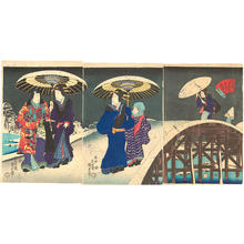 Japanischer Druck "Genji and women on a snowy night in the Autumn (11th month) at Sugatami Bridge" von Utagawa Kunisada, 歌川国貞 (Kunisada 2 Utagawa (1823-1880)- Kunimasa 3- Toyokuni 4 (歌川国貞（二代）))