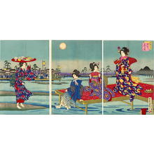 歌川国輝: Elegantly attired Bijin cool off on the bank of the Shijo-Gawara River - Japanese Art Open Database