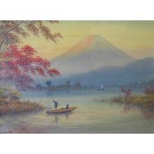 Seki K: Men in boat on lake by Mt Fuji - Japanese Art Open Database