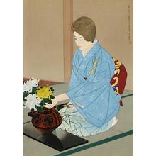 伊東深水: Kasumi Teshigawara arranging chrysanthemums — 菊を活ける勅使ヶ原霞女史 - Japanese Art Open Database