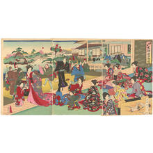 Shogetsu: Street jugglers and musicians entertaining a noble family in their garden - Japanese Art Open Database