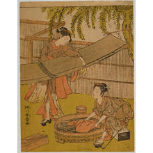 勝川春章: Stretching out Cloth to Dry — 洗い張り - Japanese Art Open Database