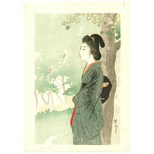月岡耕漁: Beauty and Red Maple - Japanese Art Open Database