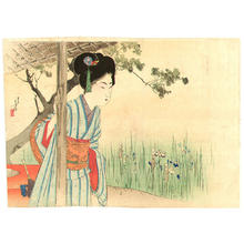 水野年方: Girl in Iris Garden - Japanese Art Open Database