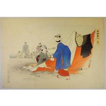 水野年方: Two women on the beach, fishermen are in the background - Japanese Art Open Database
