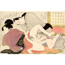 Kitagawa Utamaro: Against a gray ground a young couple starting to make love - Japanese Art Open Database