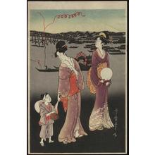 Kitagawa Utamaro, 喜多川歌麿 (Utamaro 1 Kitagawa (喜多川歌麿))创作的日本版画《Fireworks at Ryogoku Bridge- repro》