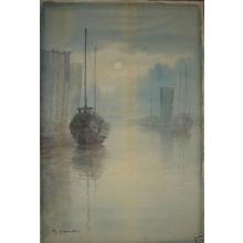 Yoshida A: Moonlit harbour with sailboats - Japanese Art Open Database