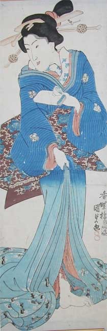 Japanese Print "Bijin in Blue Kimono Holding a Sake Cup" by Utagawa Kunisada, 歌川国貞 (Kunisada)