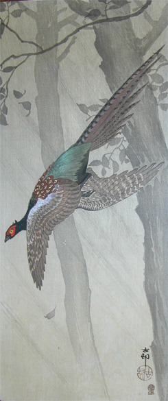 Koson: Pheasant in Flight during Rain Storm - Ronin Gallery