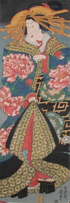 Utagawa Kunisada II, 二代歌川国貞 (Kunisada II)による浮世絵「Oiran in Kimono with Peonies」