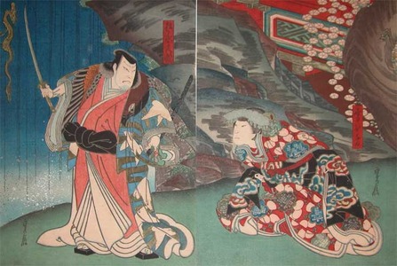 Sadanobu: Matsunaga Daizen & Princess Yukihime at Waterf - Ronin Gallery
