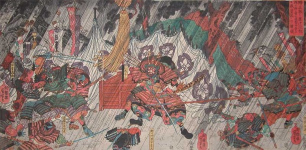 Japanese Print "Battle of Kusunoki Masanari in Rain" by Utagawa Kuniyoshi, 歌川国芳 (Kuniyoshi)