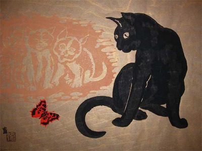 Tokuriki: Black Cat and Butterfly - Ronin Gallery