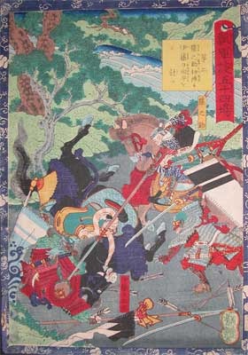 歌川芳艶: Sarunosuke's First Battle Against Ito Hyuga-no-kam - Ronin Gallery