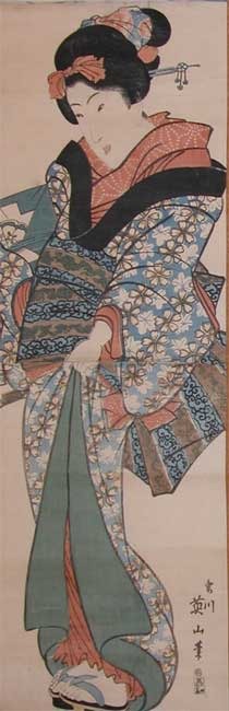 菊川英山: Young Girl in Blue Flower Kimono - Ronin Gallery