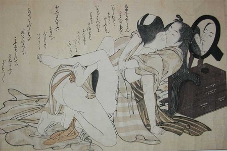 Japanischer Druck "Reflection: Woman and Her Hair Dresser" von Kitagawa Utamaro, 喜多川歌麿 (Utamaro)