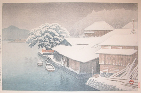 川瀬巴水: Evening Snow at Ishinomaki - Ronin Gallery