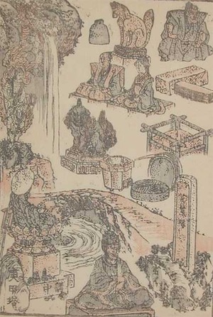 Katsushika Hokusai: Waterfall, Rapids and Stone Sculptures - Ronin Gallery