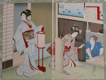 Toyohara Chikanobu: Geiko Takematsu and Katsura Kogoro - Ronin Gallery