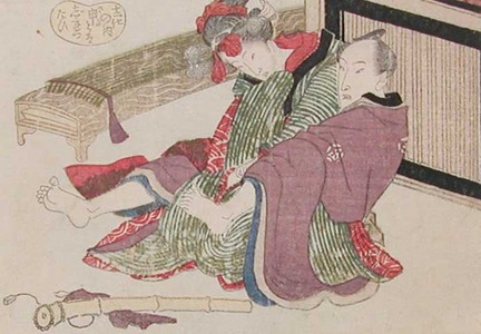 Japanischer Druck "Year of the Monkey: Hurried Lovemaking" von Keisai Eisen, 渓斉英泉 (Eisen)