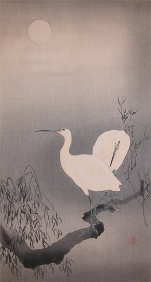 Koson: Two Egrets on a Branch in Moonlight - Ronin Gallery