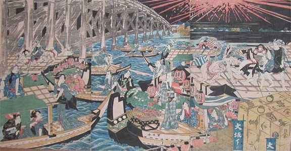 Utagawa Kuniyasu: Fireworks Above Bridge - Ronin Gallery