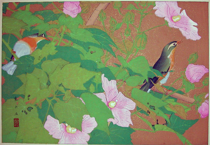 Rakuzan: Early Autumn; Red Cotton Rose and Red-billed Leiot - Ronin Gallery