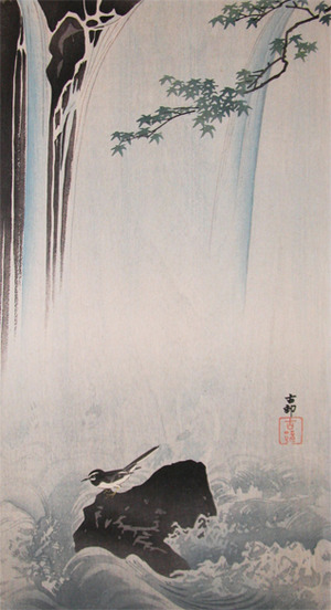 Koson: Wagtail Surrounded by a Waterfall and Waves - Ronin Gallery