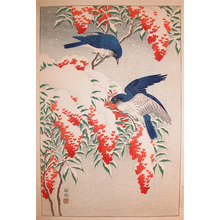 Shoson: Blue and White Flycatchers in Snow - Ronin Gallery